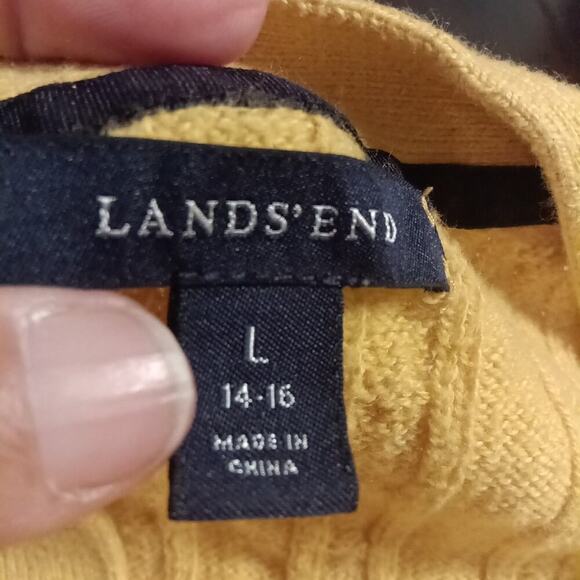 Lands End Women's Wool Blend Mustard Yellow Cardigan 14/16 Fisherman Cable Knit - Picture 3 of 6